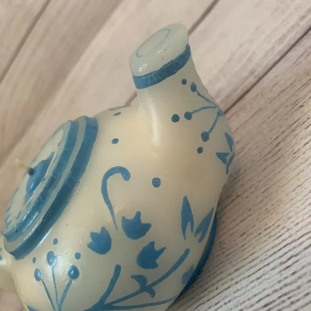 Teapot Shaped Candle White with Blue Floral Design Unlit 2 1/2